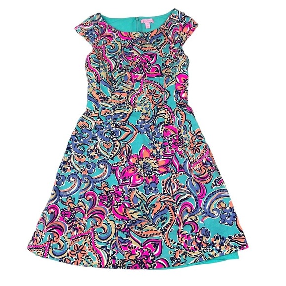 Lilly Pulitzer XS Cap Sleeve Fit Flare Dress Turquoise Pink Floral Print - Picture 2 of 9